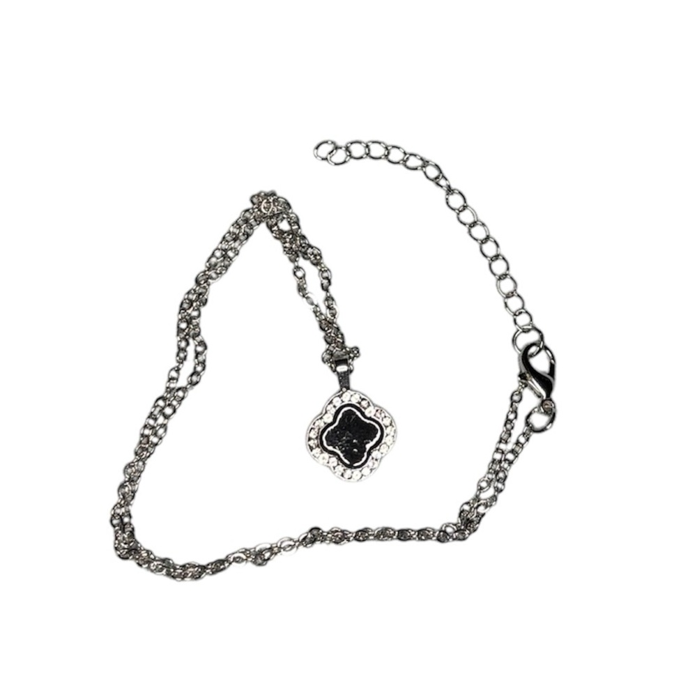 Black and Rhinestone Clover Pendant Necklace